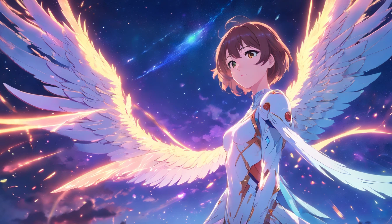 Cosmic Fallen Angel, glowing light eyes, Beautiful face,Bigchest,Biomechanical, eerie, Creepy, nightmarish, Very bright colors, Light particles, with light glowing, Mshiv, wallpaper art, UHD wallpaper
