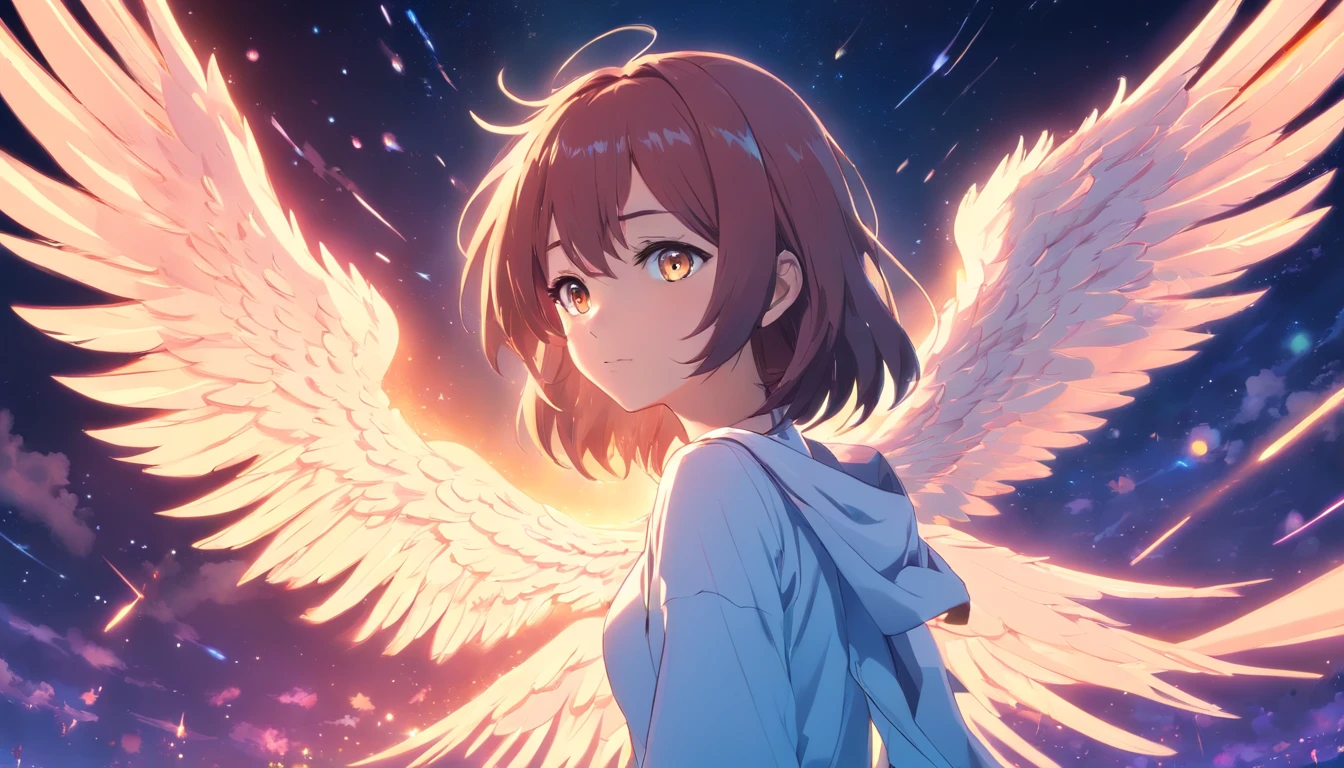 Cosmic Fallen Angel, glowing light eyes, Beautiful face,Bigchest,Biomechanical, eerie, Creepy, nightmarish, Very bright colors, Light particles, with light glowing, Mshiv, wallpaper art, UHD wallpaper
