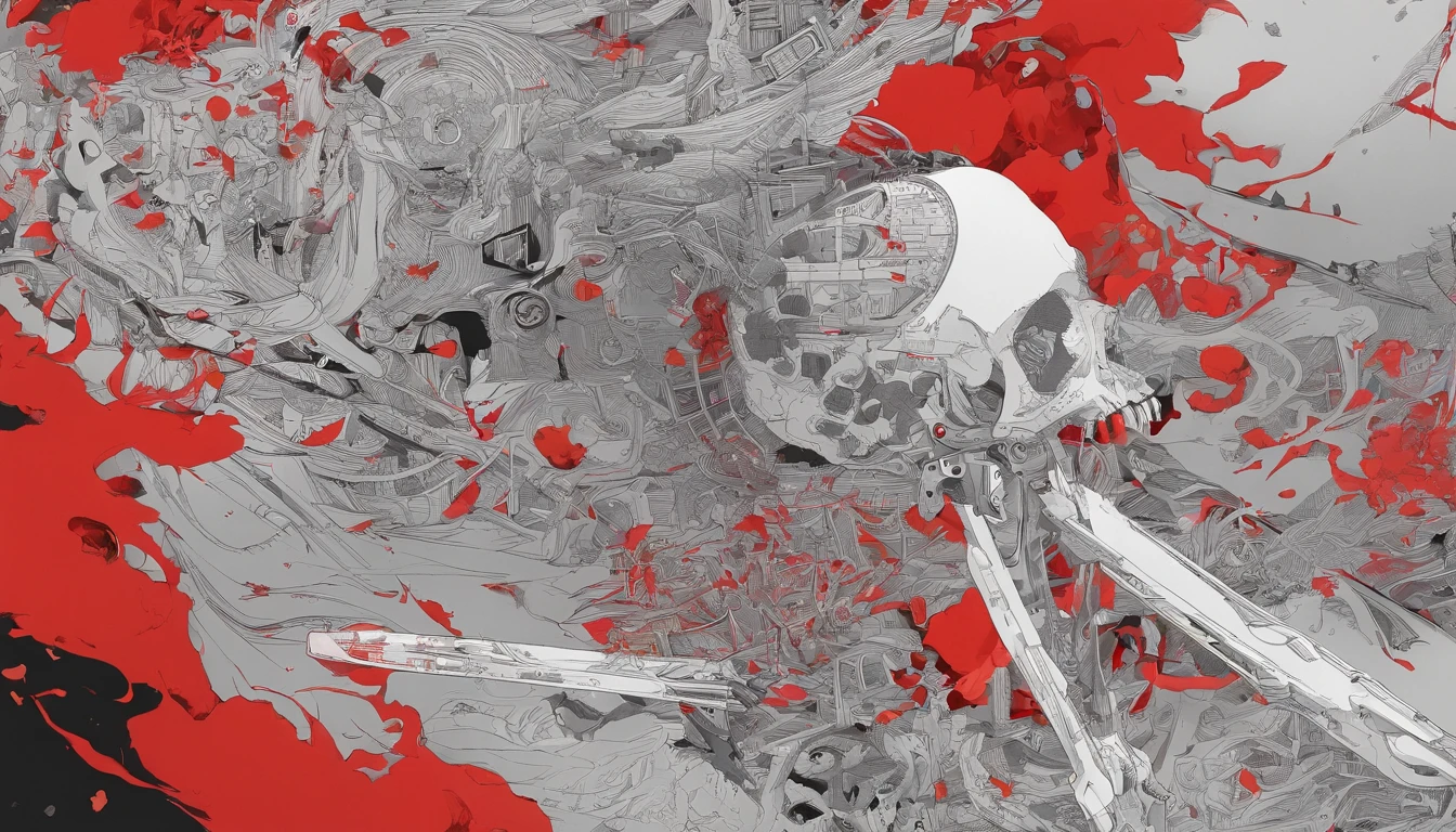 Half skeleton, half human,Gold pistol,Red light,ablaze with intensity,Scattered bones,Fog,火焰