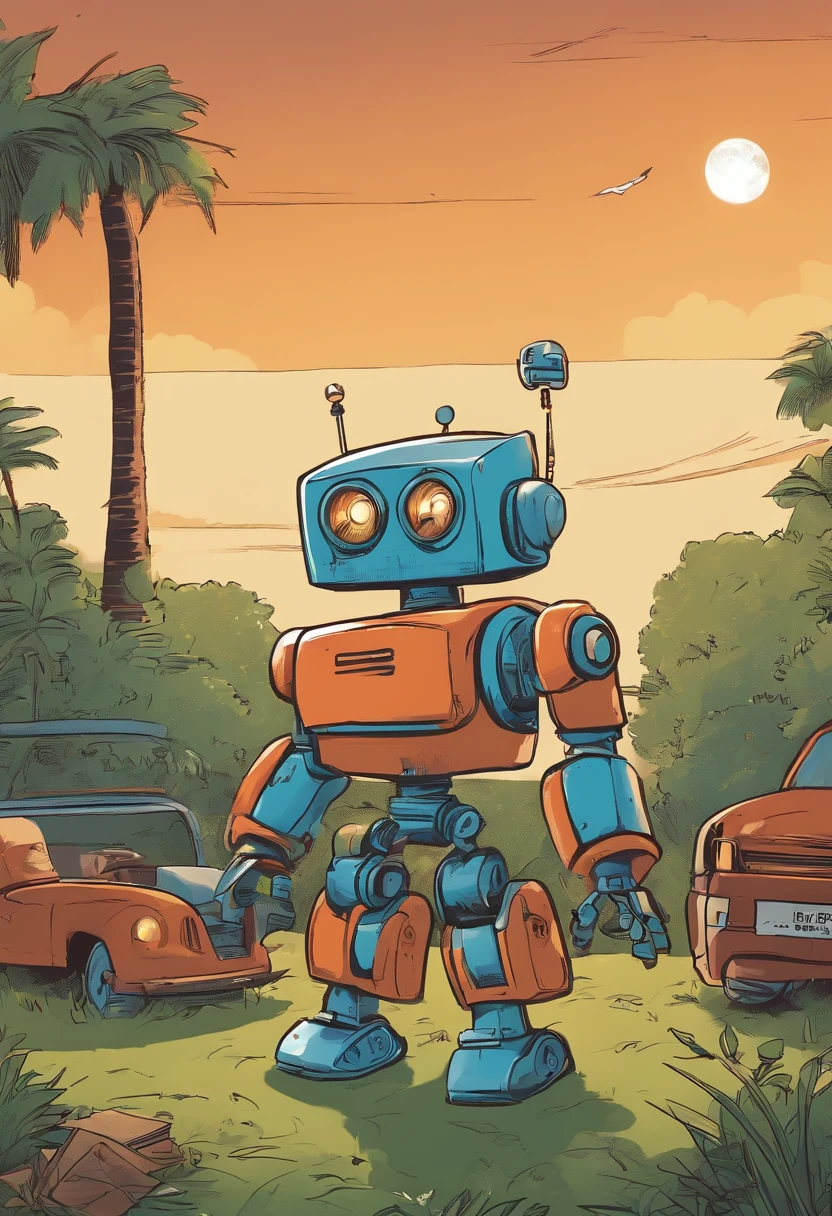 The boy is an emerging robot, with a robot friend blue shorts, camisa vermelha, Robot semi-appearing, boy meets the robot, 6 ANOS DE CABELO LOIRO, do not wear glasses, with possessions and expression with a book in his hands, para um livro infantil, Bottom in a junkyard of robots and cars, a sunset at 3 o'clock in the afternoon, green trees and blue sky. COMO FUNDO BONITO, PARA UMA CAPA DE LIVRO. 92048X1080)