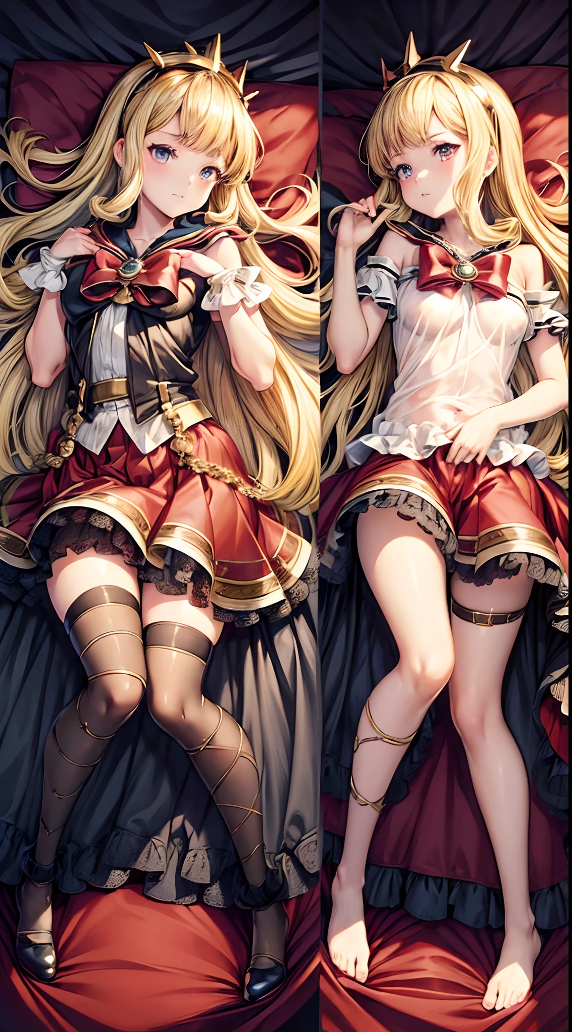 masterpiece, best quality, (dakimakura:1.6), laying on side, laying on back, petite, flat, full body, Cagliostro, long hair,blond, CagliostroBase, hairband, crown, black thighhighs, red bow, red skirt, cape