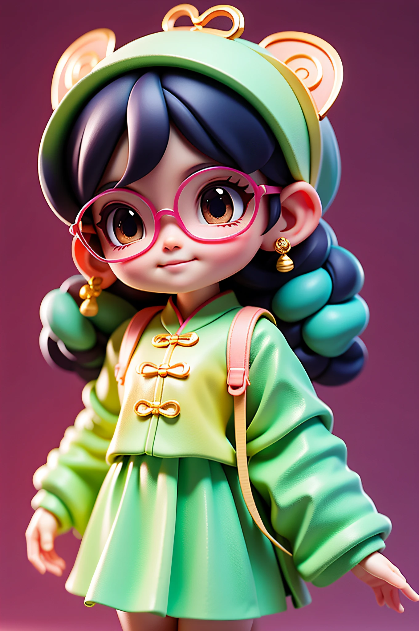 Loli cute chinese girl, updo hair, loose hair, modern accessories , Eyeglasses, detailed eyes, detailed smile, detailed details, Holographic, clear and simple background