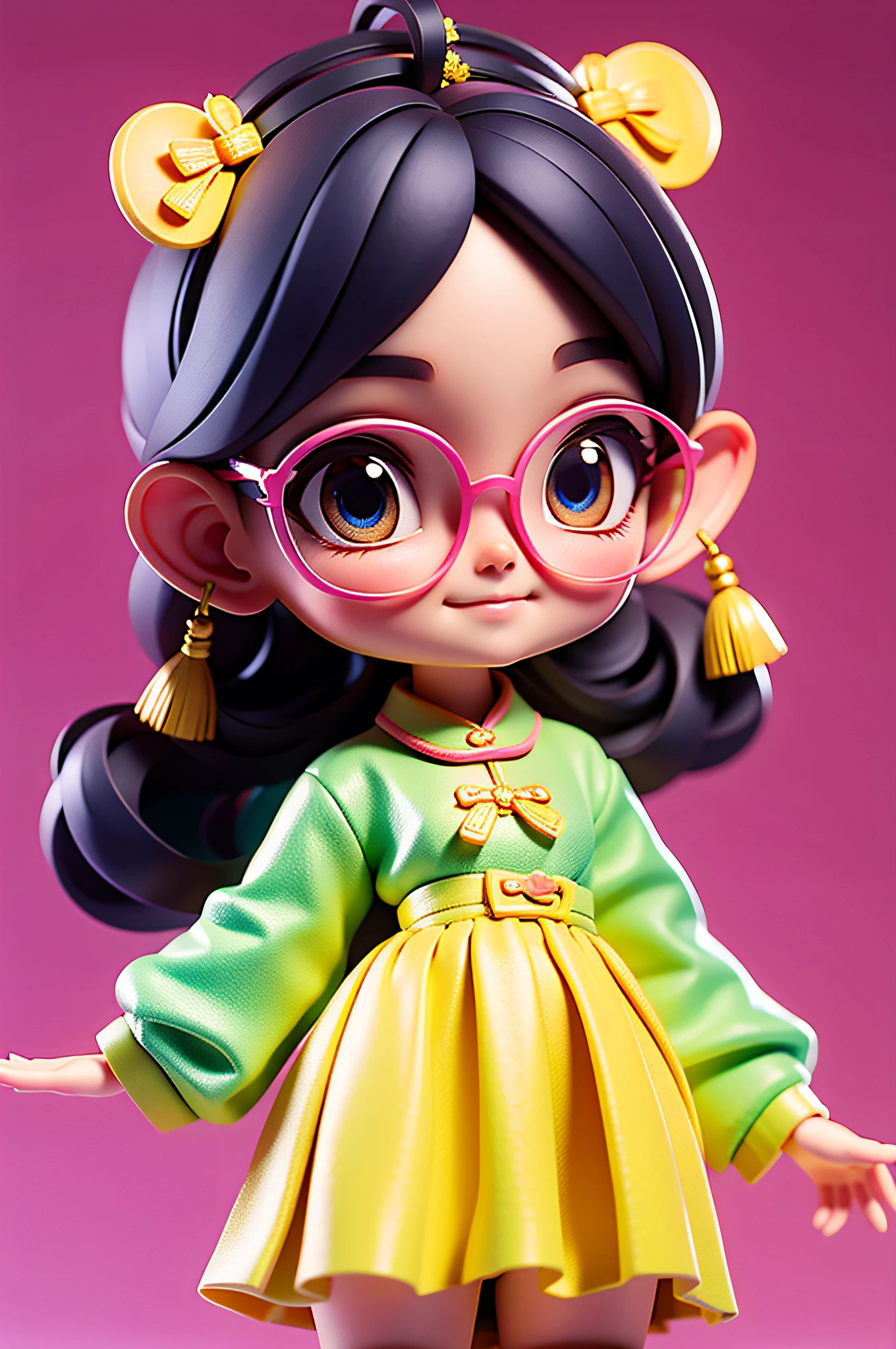 cute chinese girl, updo hair, loose hair, modern accessories , Eyeglasses, detailed eyes, detailed smile, detailed details, Holographic, clear and simple background