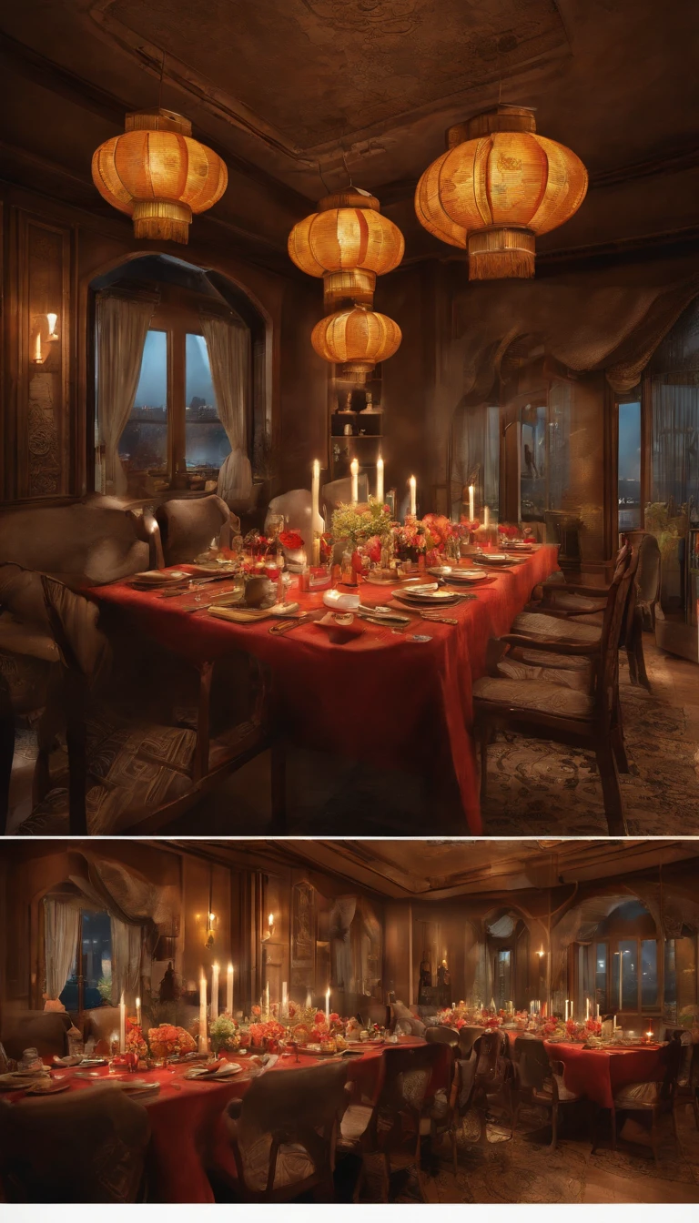 Families sit together, Enjoy a festive dinner, Surrounded by a warm and comfortable atmosphere. The room was beautifully decorated, Equipped with lanterns, Symbolizes the joy of the Mid-Autumn Festival. The table is filled with a variety of delicacies, Includes traditional mooncakes. Moonlight shone through the windows, Cast a soft glow on everyone's face. The family smiled and talked, Express their love and happiness on this special occasion. The artwork is created with the finest materials, Such as oil painting or high-resolution digital rendering, Ensure the highest quality and detail. The colors are vivid and vibrant, Create visually stunning representations for holiday celebrations. Well designed lighting, Focus on capturing the warm and tranquil atmosphere of the evening. The artwork is a masterpiece, With ultra-fine elements and realistic, Photorealistic style. The moon in the night sky is depicted as a perfect circle, Represents the full moon of the Mid-Autumn Festival. The scene was full of fun, Love, and togetherness, Capture the essence of the festival., Neoclassicism, textured skin, UHD