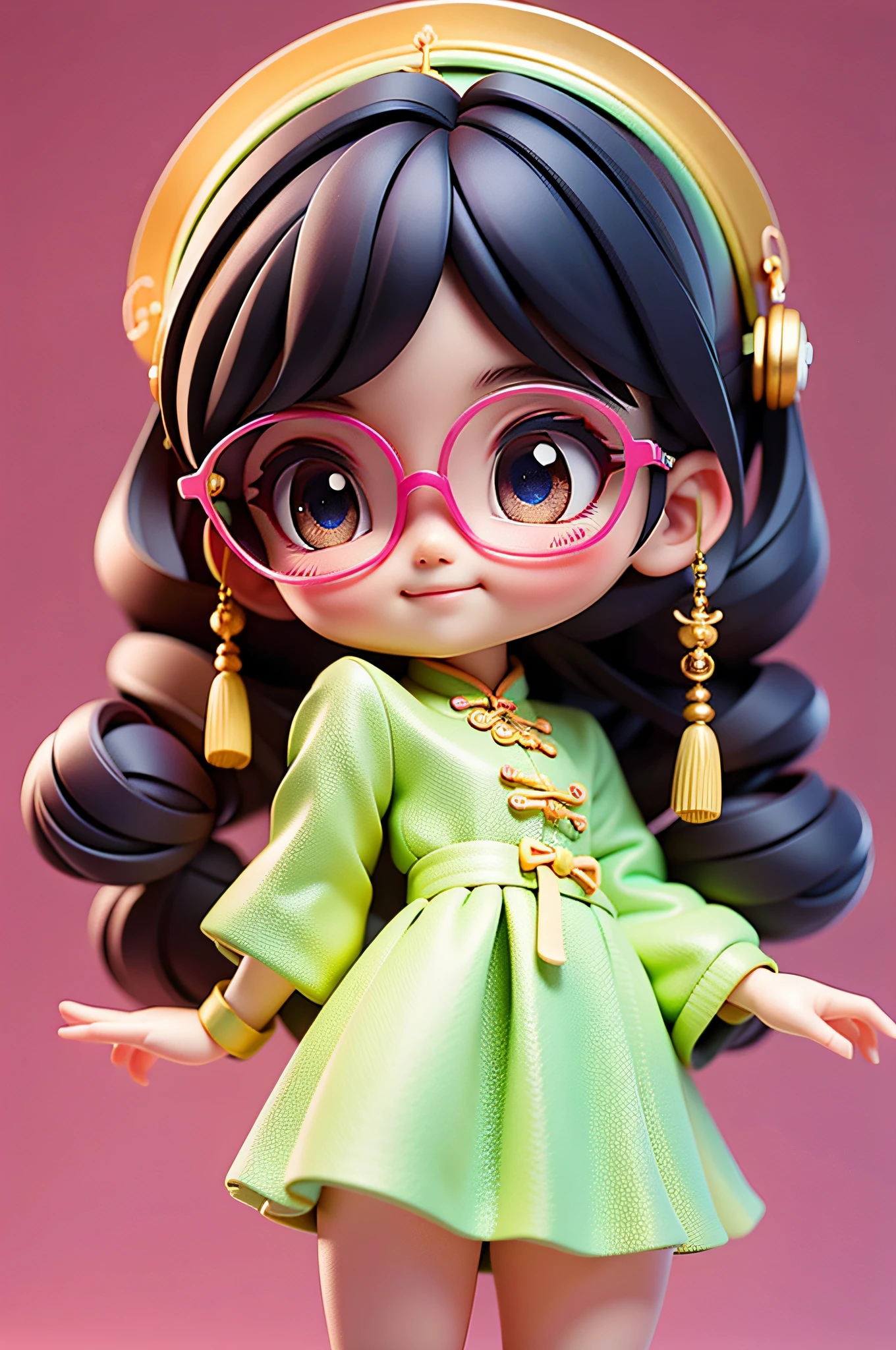 Loli cute chinese girl, updo hair, loose hair, modern accessories , Eyeglasses, detailed eyes, detailed smile, detailed details, Holographic, clear and simple background