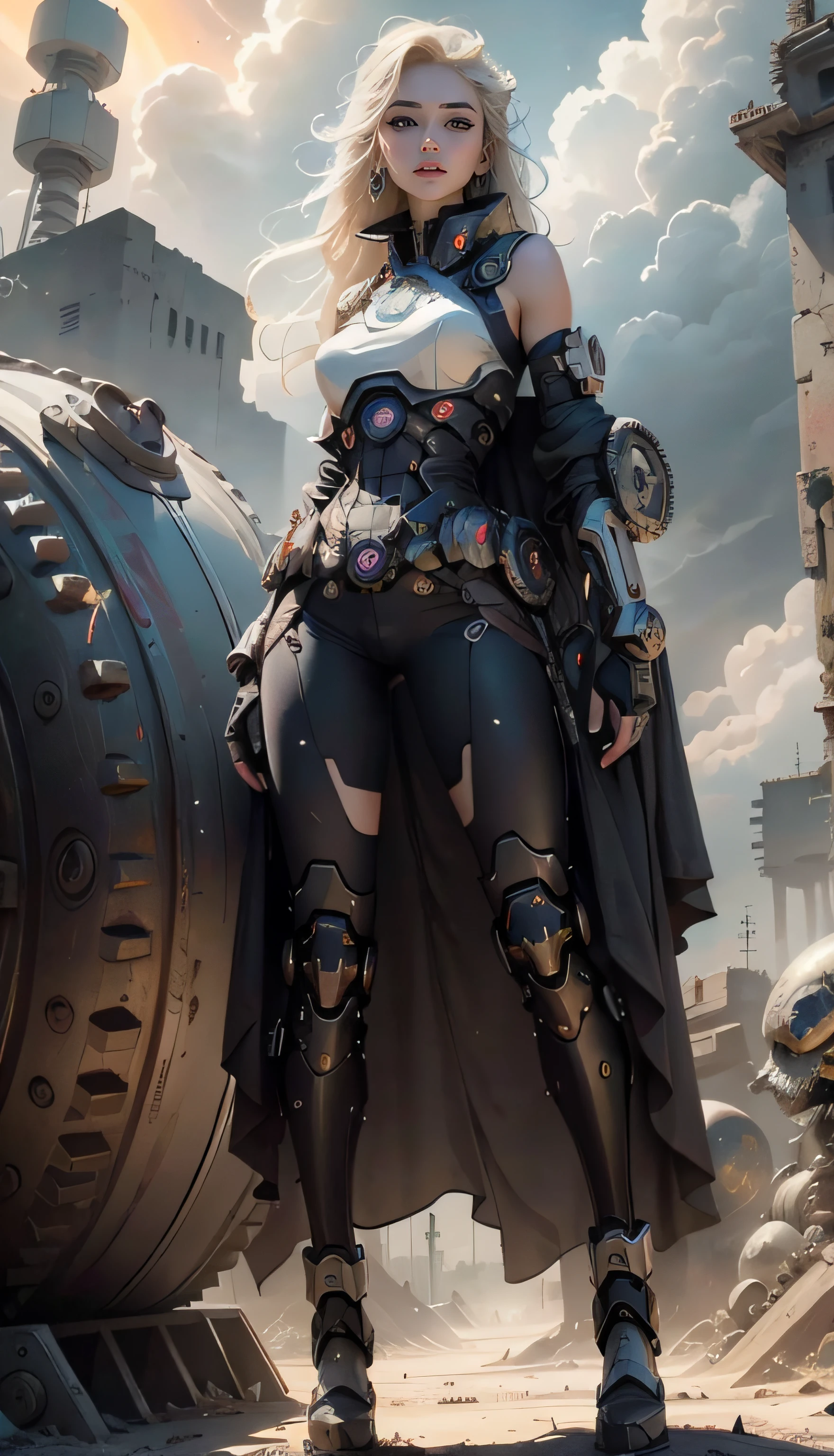 realistic visual effects,attractive beautiful,dramatic contrast,Gentle lighting,Delicate warmth,the soft light,hyper HD,Extremely colorful,best qualityer,perfect female shape,HighDynamicRange,long eyelasher,Unbeatable masterpiece,paleskin,putting makeup on,Sexy goddess,Large mechanical gears,Strange sky,The setting sun burns the clouds,8K high quality,Sexy goddess,A pair of big eyes are beautiful and moving,White skin,Makeup,Sexy outfit,【Background with】Large gears,Blue light comes out,Large gears,Doomsday ruins,Giant tornado,Strange sky,The setting sun burns the clouds,Multiple planets,The end of the world,Multiple planets,Mards,Jupiter,Mercury,Strange sky,Giant tornado。