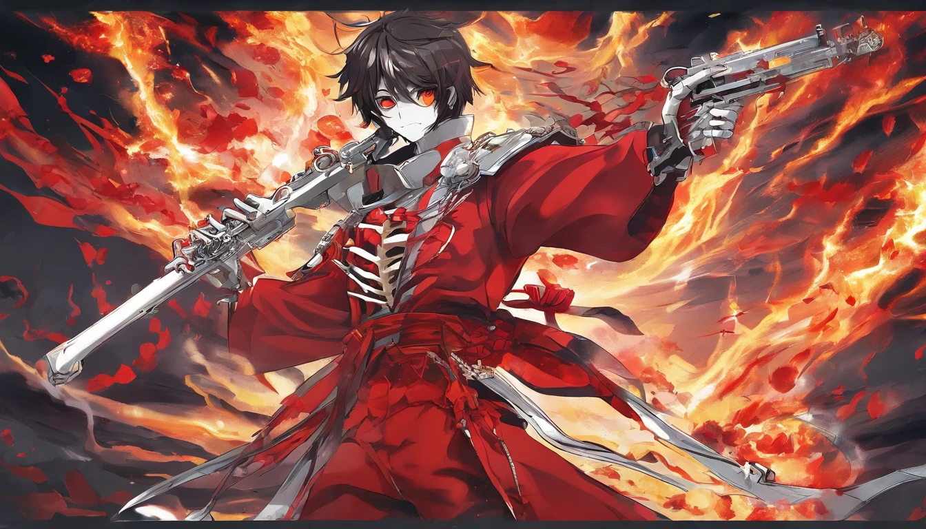 Skeleton Man,ager with a golden pistol,Red light,ablaze with intensity,Scattered bones,Fog,火焰,combats,Blood