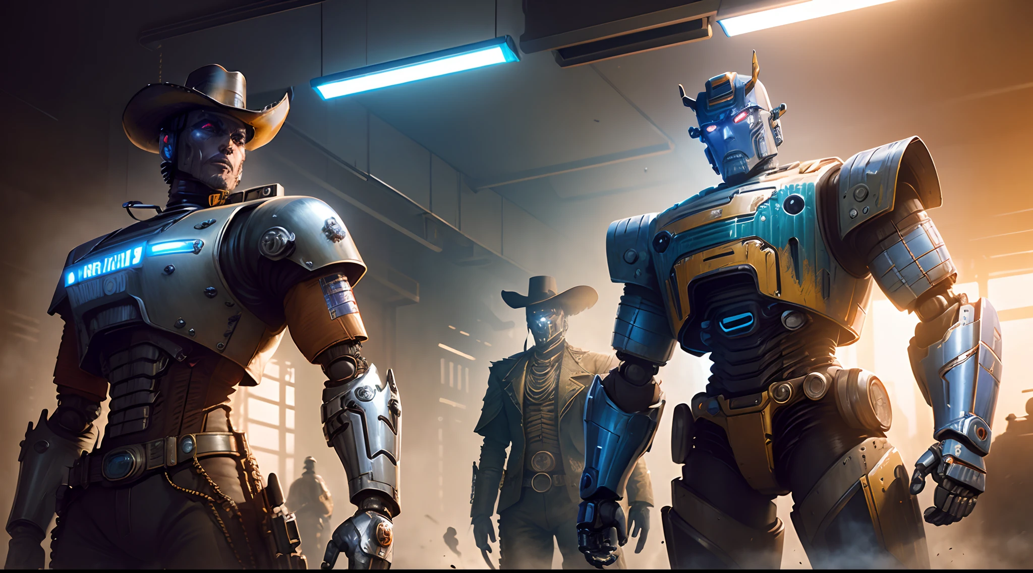 there are two people dressed up as cowboys and a robot, high definition cgsociety, cgsociety ), still frame from a movie, sony world photography awards, animatronics, pulp science fiction, gray anthropomorphic, character mashup, historical photography --auto --s2