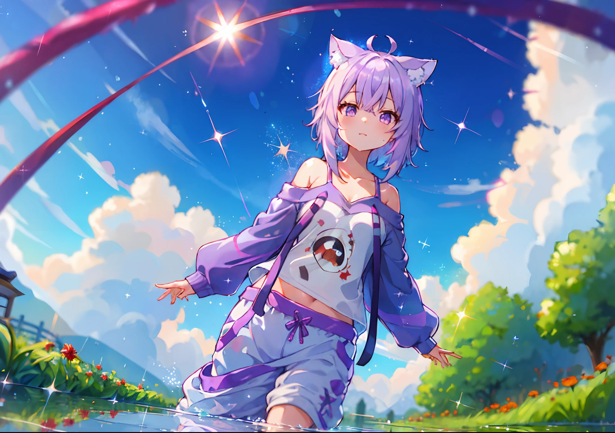 (solo), cute (1girl) walking,path,[from below:1.2],sine short hair, puddle,Water Reflection,rain,floating water drop,red spider lilly flower,(blurry foreground),dynamic angle,asphalt,(blue sky),lens flare,, off-shoulder oversized shirt,(glitter:1.2) off-shoulder, nekomata okayu, hoodie, sweatpants,