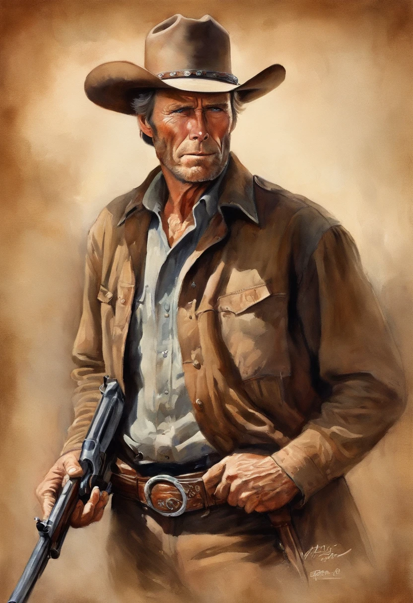 A cowboy (Clint Eastwood) holding a gun in her hand, ((Angry 1.4)), Raid a running horse, Screaming, Action, The dark side, Mystery , Dark background, pastels, author:Harry Bush, James Montgomery Flagg and Louise Van Barr、Jim French and Roslav, Detailed and realistic eyes, Big barefoot, The crotch is large and raised, Very handsome, Beautiful