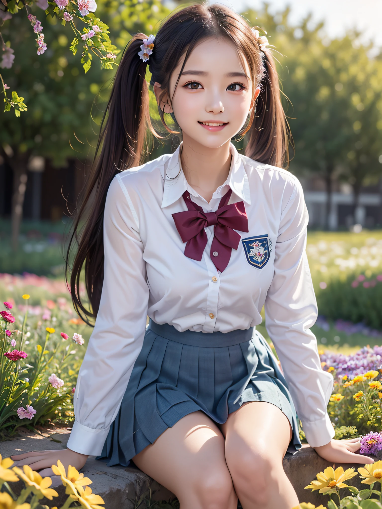 1ung girls, (extremely detailed beautiful face), Smile happily, (Best Quality:1.4), (Ultra-detailed), (extremely detailed CG unified 8k wallpaper), Highly detailed, High-definition raw color photos, Professional Photography, Realistic portrait, Cinematic Light, ((twintails)), Bangs, (High School Uniform, Pleated mini-skirt:1.3), smile, ((forest)), (meadow, flower garden), (lots of wildflowers:1.5), (view from below),