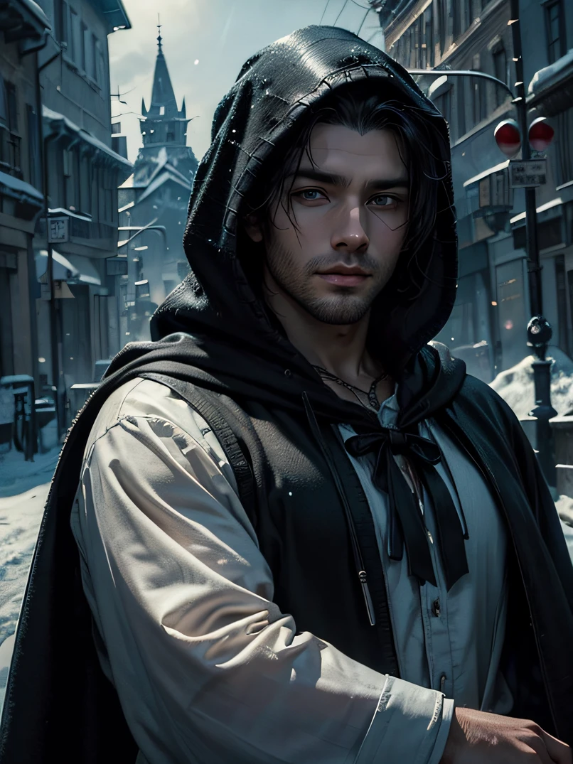 (((masterpiece、top-quality、ultra-detailliert、highly detailed CGillustration、extremely delicate and beautiful)))、Unique lighting effects、cowboy shot、face lights、(((Portrait of a 30-year-old young man)))、male people、Elegant person、Strong physique、Sorcerer、Dressed in a black magician's robe with a delicate and intricate pattern、(((Wearing a black hood)))、Dirty black hair、(short jaw)、Big blue eyes、Detailed face and eyes、Sharp eyes、Focus on the face、Detailed hand depiction、Sarcastic laughter、the whole body is wet、Detailed hand depiction、Dimly lit winter morning、Oyuki、Snow-covered roads、Medieval city gate behind、Fantasyart、dark fantasy vibe、watching at viewers
