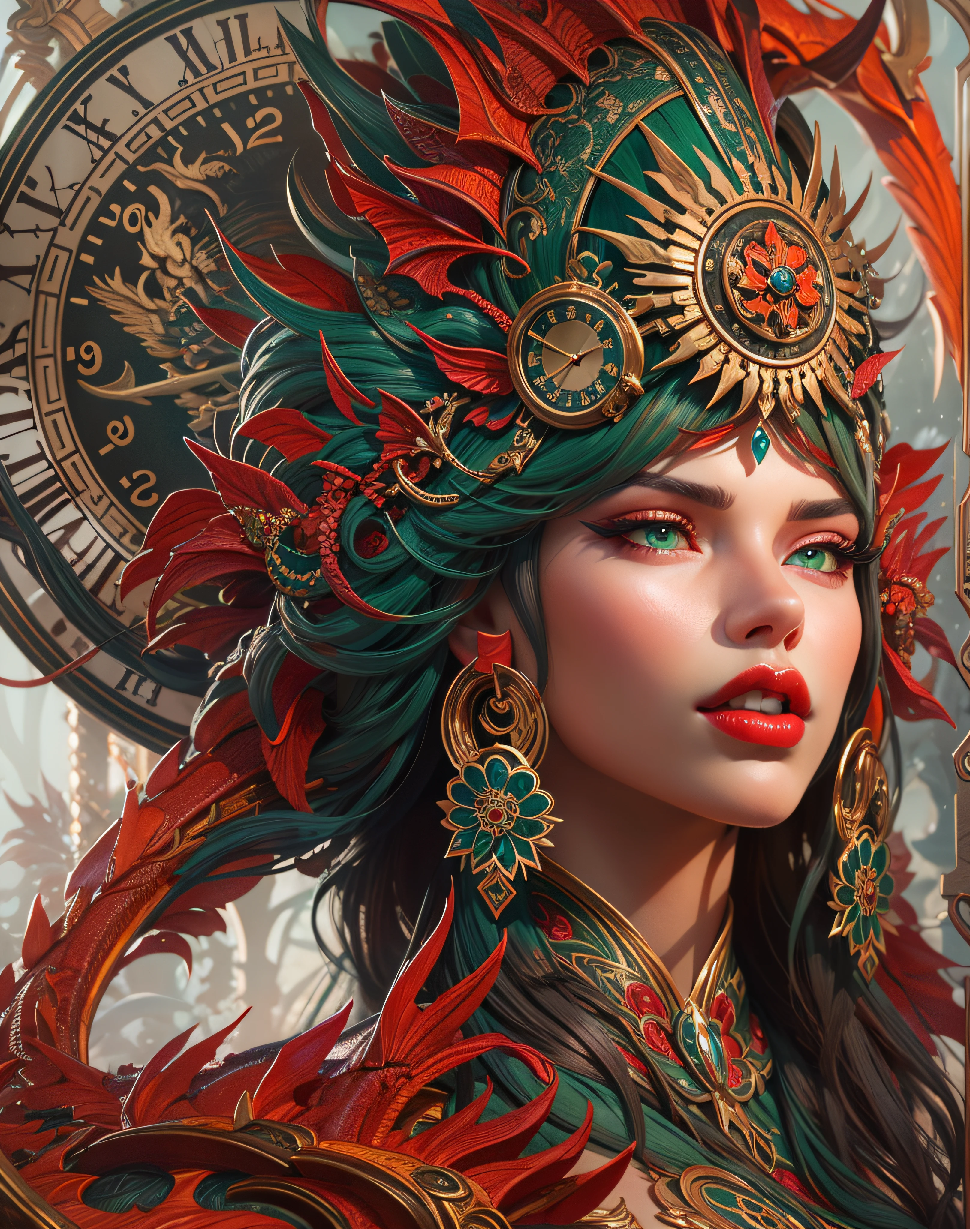 there is a woman (Adriana Lima :1.1) red lips, green eyes, with a large headdress and a clock, stunning digital illustration, exquisite digital illustration, 4k detailed digital art, the dragon girl portrait, beautiful fantasy art portrait, 4k highly detailed digital art, karol bak uhd, a beautiful artwork illustration, detailed face with red lips, detailed fantasy digital art, beauty woman with detailed faces