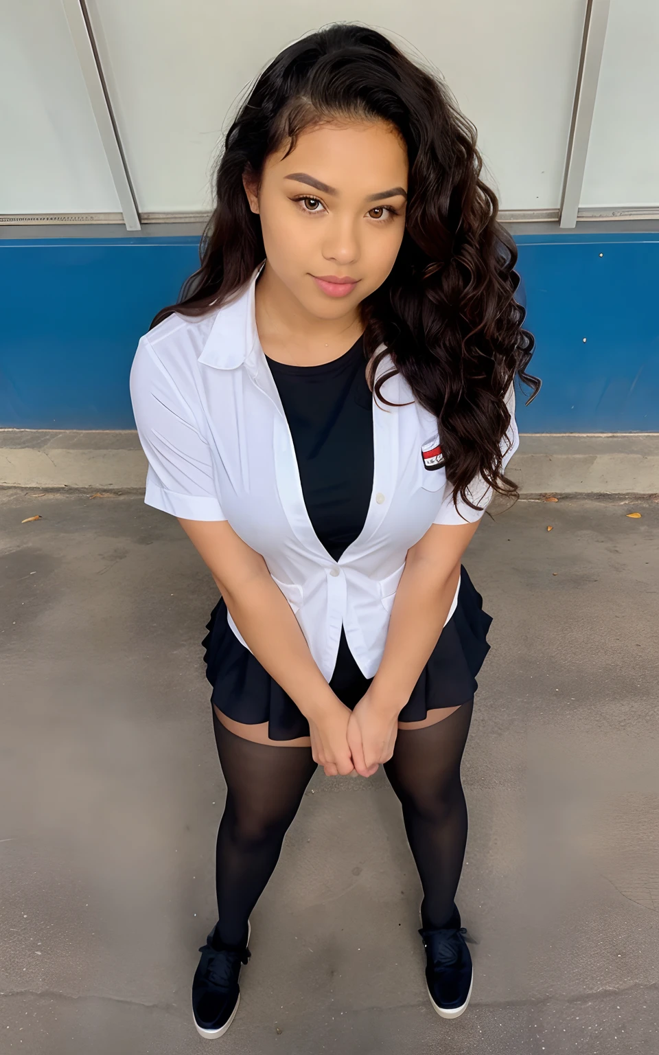 show entire body, feet in view, aerial view, curly haired, thick Filipino female, 18y.o. gorgeous, brunette, hair in high ponytail, American school uniform, shiny black pantyhose, no shoes