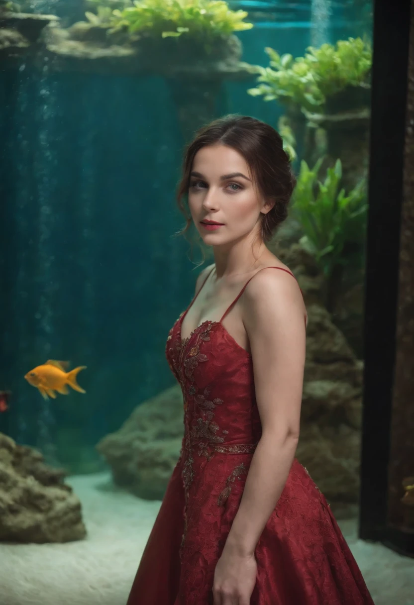 Woman with regal dress, near an aquarium, muitas cores, brilho, renda, piso lustroso, Wide area