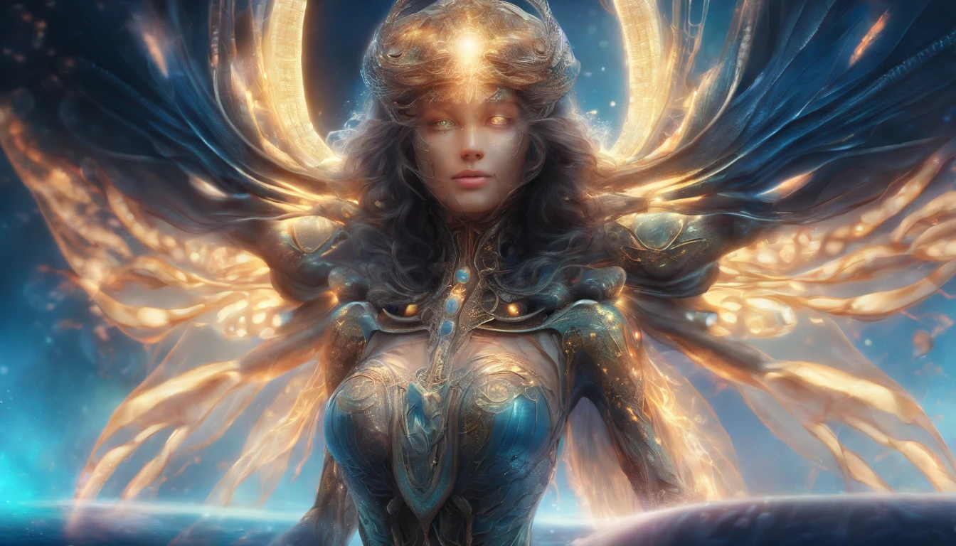 Cosmic Fallen Angel, glowing light eyes, Beautiful face，Bigchest，Biomechanical, eerie, Creepy, nightmarish, Very bright colors, Light particles, with light glowing, Mshiv, wallpaper art, UHD wallpaper