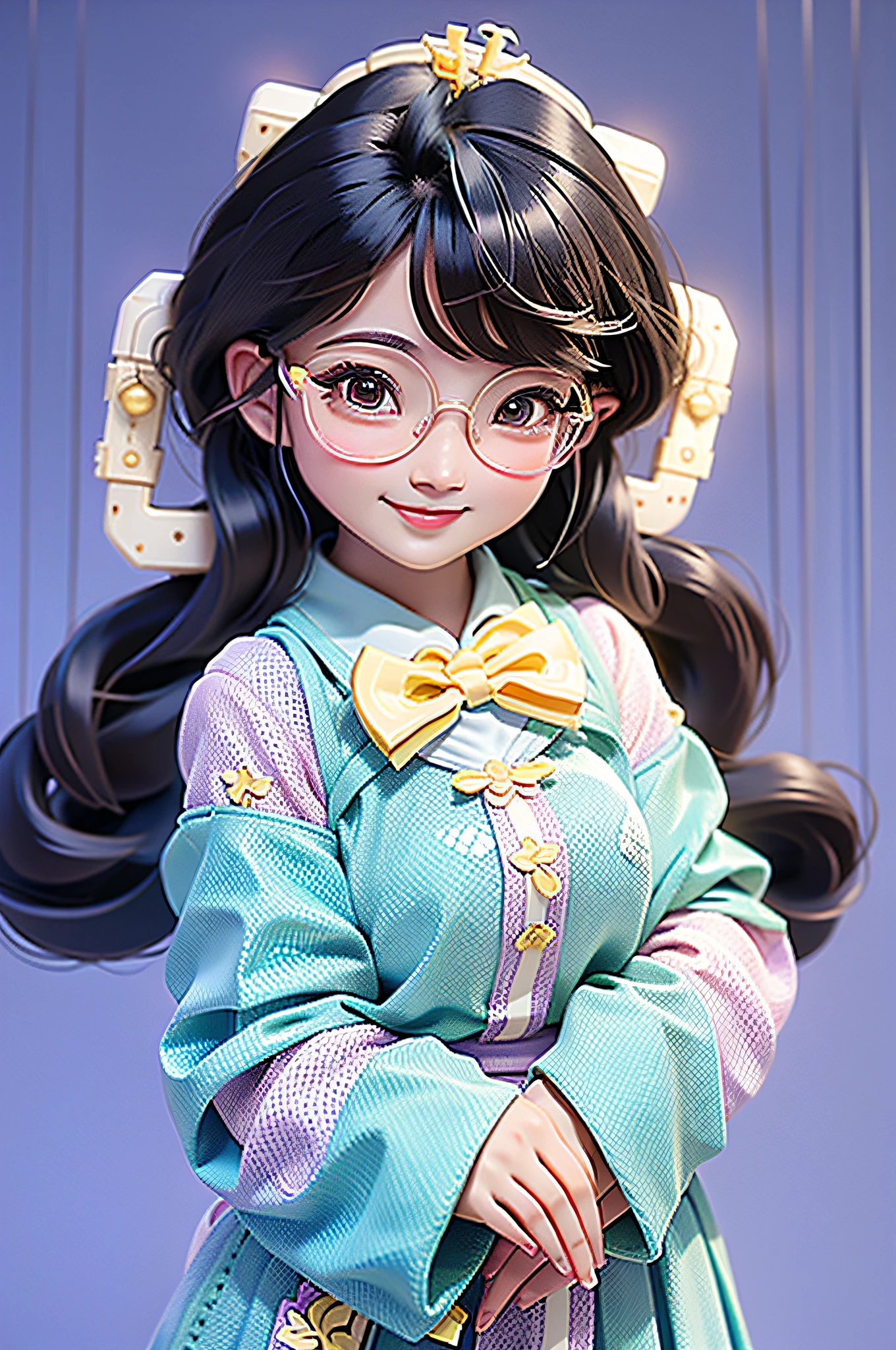 Loli cute chinese girl, updo hair, loose hair, modern accessories , Eyeglasses, detailed eyes, detailed smile, detailed details, Holographic, clear and simple background