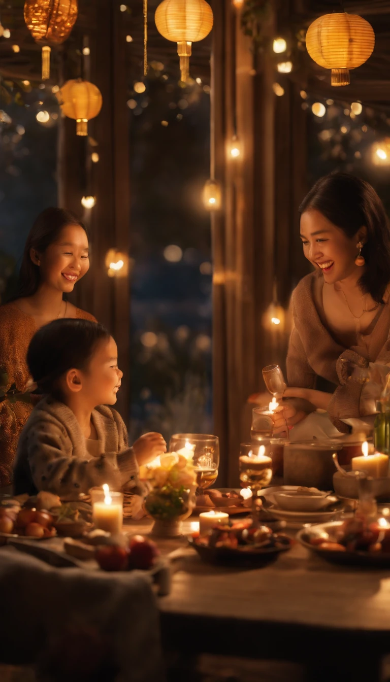 Families sit together, Enjoy a festive dinner, Surrounded by a warm and comfortable atmosphere. The room was beautifully decorated, Equipped with lanterns, Symbolizes the joy of the Mid-Autumn Festival. The table is filled with a variety of delicacies, Includes traditional mooncakes. Moonlight shone through the windows, Cast a soft glow on everyone's face. The family smiled and talked, Express their love and happiness on this special occasion. The artwork is created with the finest materials, Such as oil painting or high-resolution digital rendering, Ensure the highest quality and detail. The colors are vivid and vibrant, Create visually stunning representations for holiday celebrations. Well designed lighting, Focus on capturing the warm and tranquil atmosphere of the evening. The artwork is a masterpiece, With ultra-fine elements and realistic, Photorealistic style. The moon in the night sky is depicted as a perfect circle, Represents the full moon of the Mid-Autumn Festival. The scene was full of fun, Love, and togetherness, Capture the essence of the festival., anime style, viewfinder, textured skin, UHD