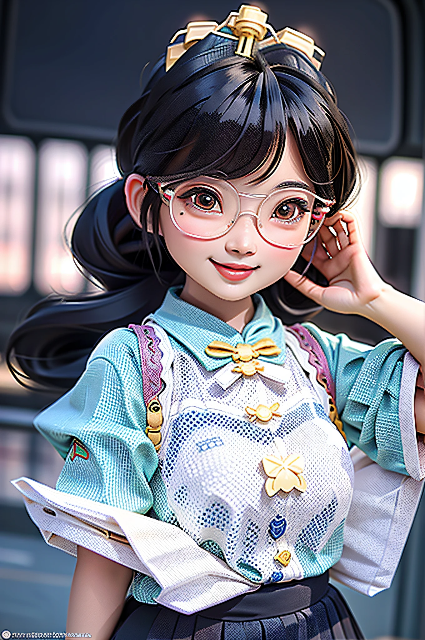 Loli cute chinese girl, updo hair, loose hair, modern accessories , Eyeglasses, detailed eyes, detailed smile, detailed details, Holographic, clear and simple background