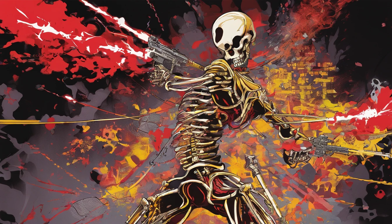 Skeleton Man fights a ager armed with a golden pistol，Red light，ablaze with intensity，Scattered bones，Fog，火焰，combats，Blood