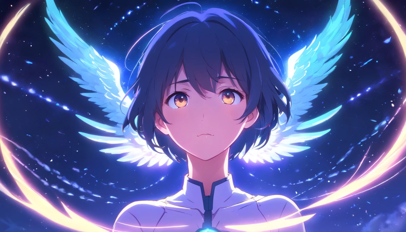 Cosmic Fallen Angel, glowing light eyes, Delicate and beautiful face,Bigchest,Biomechanical, eerie, dream-like, Very bright colors, Light particles, with light glowing, Mshiv, wallpaper art, UHD wallpaper