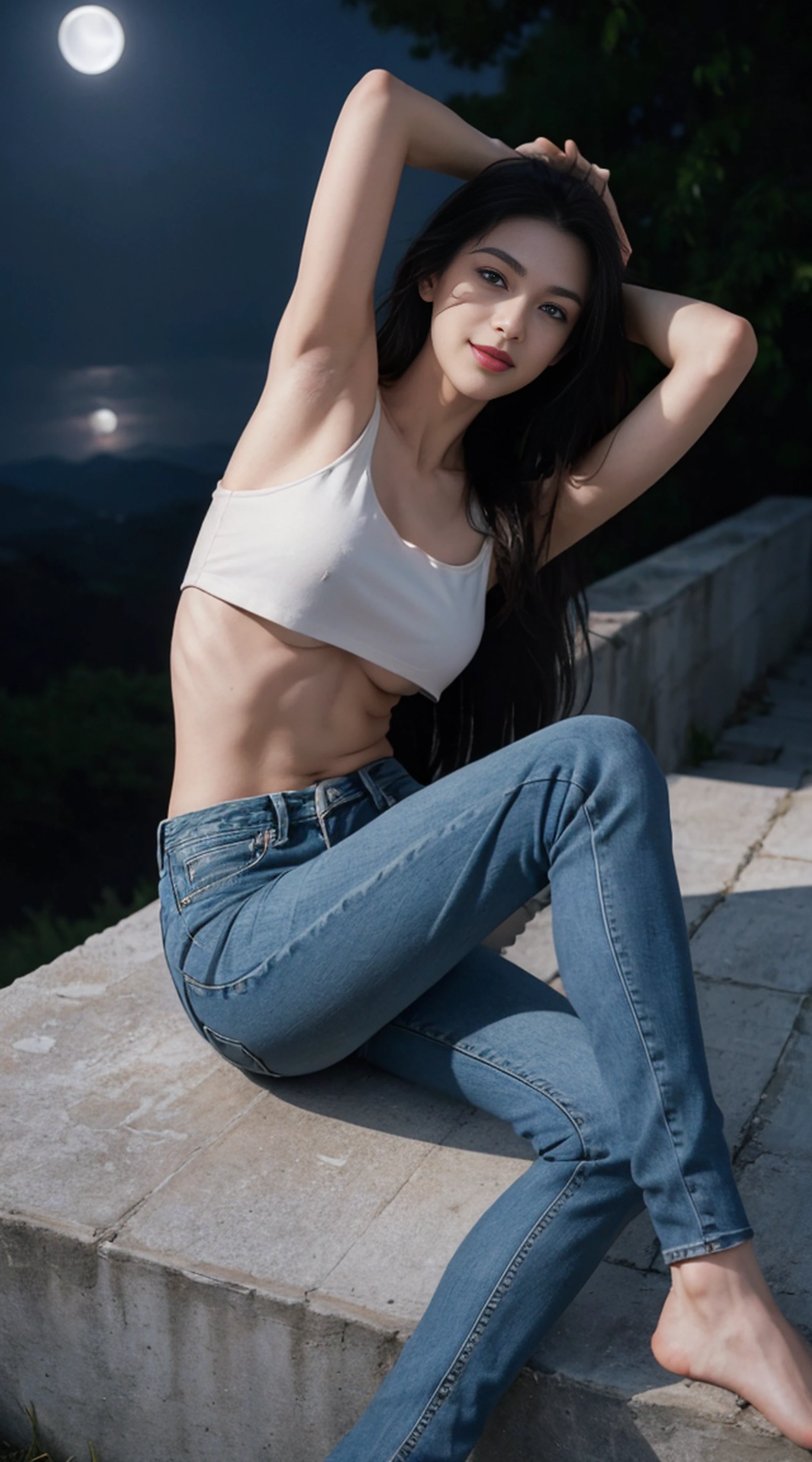 8K, Top Quality, Intricate Details, Ultra Detail, Ultra High Resolution, Masterpiece, random angle, Slender, Smile, (Makeup: 0.4), (Fluffy Blue Eyes: 1.21), blue Eyes,, ((full body)), 1girl, solo, 1 girl, (( full body)), close-up shot, arm up, armpit , ((tall)), (((fit body))), (((slim face))), sharp face, sharp eyes, (((black hair, long hair, )) (detailed face), sharp face, small lips, thin lips, tits ,
(( denim)), detailed face, detailed breast, , large breast, detail, , Beautiful girl with accentuated slender abs: 1.4, Six Pack Abs: 1.4, Bust Botox, Big, Perfect Body, detail leg, (( moonlight)), top of mountain