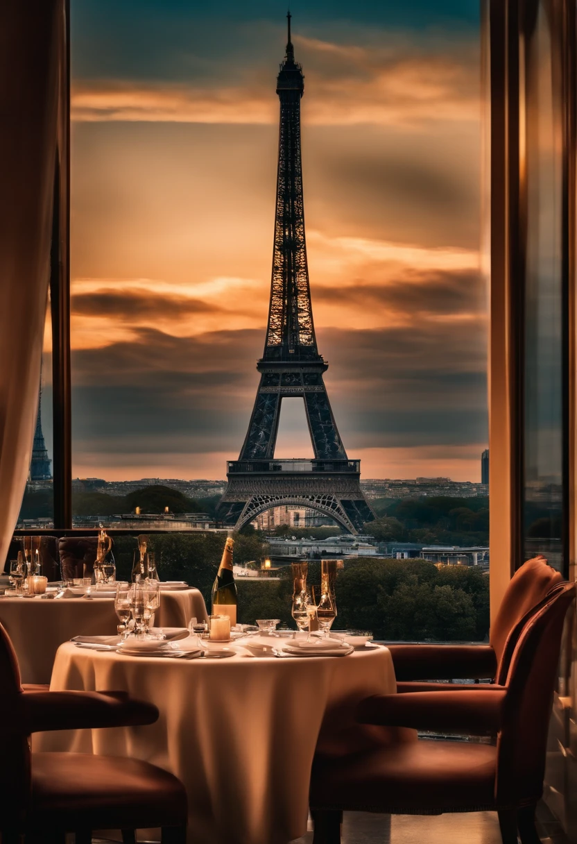 No restaurante, tomando champagne, ao fundo a torre Eiffel.
