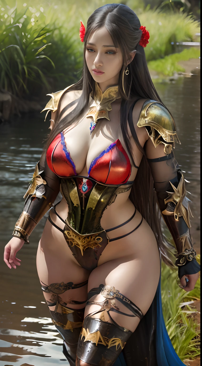 masterpiece, best quality, {best quality}, {{masterpiece}}, {highres}, {{{field field}}, beautiful woman in ornamental armor, no cloth, super plump breasts, firm breasts, jeweled ornamental bikini armor  , mixed red and blue colored armor, yoshitakka amano karol, female warrior, stunning realistic art, detailed and very stylish fantasy armor, with ornate looking armor,(((walking in the swamp))), (background  deep forest),