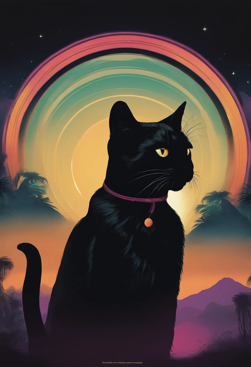 There is a black cat sitting in a circle with quotes, Poster inspired by Gustave Boulanger, shutterstock, sots art, suggestive, The aesthetics of Surrealism, ( ( ( Synth Wave ) ) ), 8 0 Seconds Style Poster, aesthetic siamese cat, surrealistic, Cat silhouette, 1 9 8 0 s Poster Style, synthwave art style ]!!