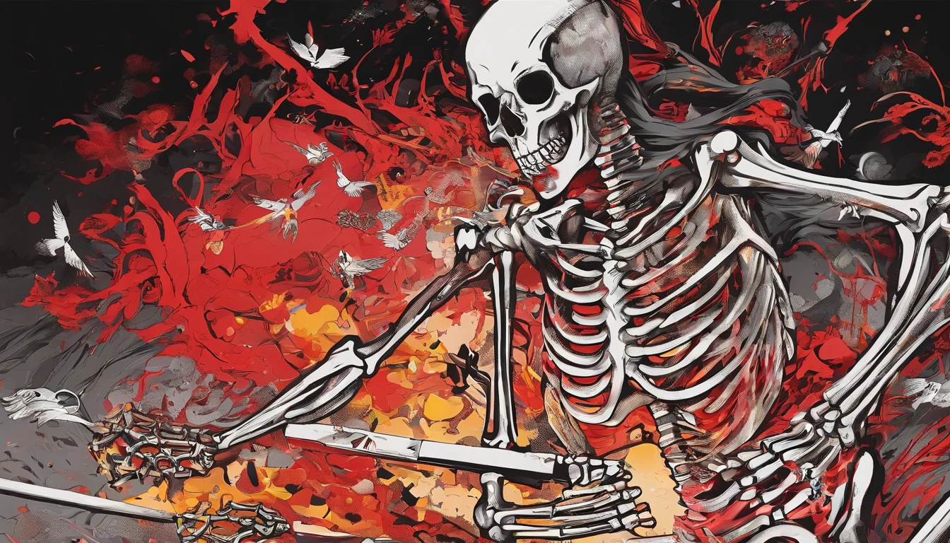 Skeleton Man fights a teenager armed with a golden pistol,two guys,Red light,ablaze with intensity,Scattered bones,Fog,火焰,combats,Blood