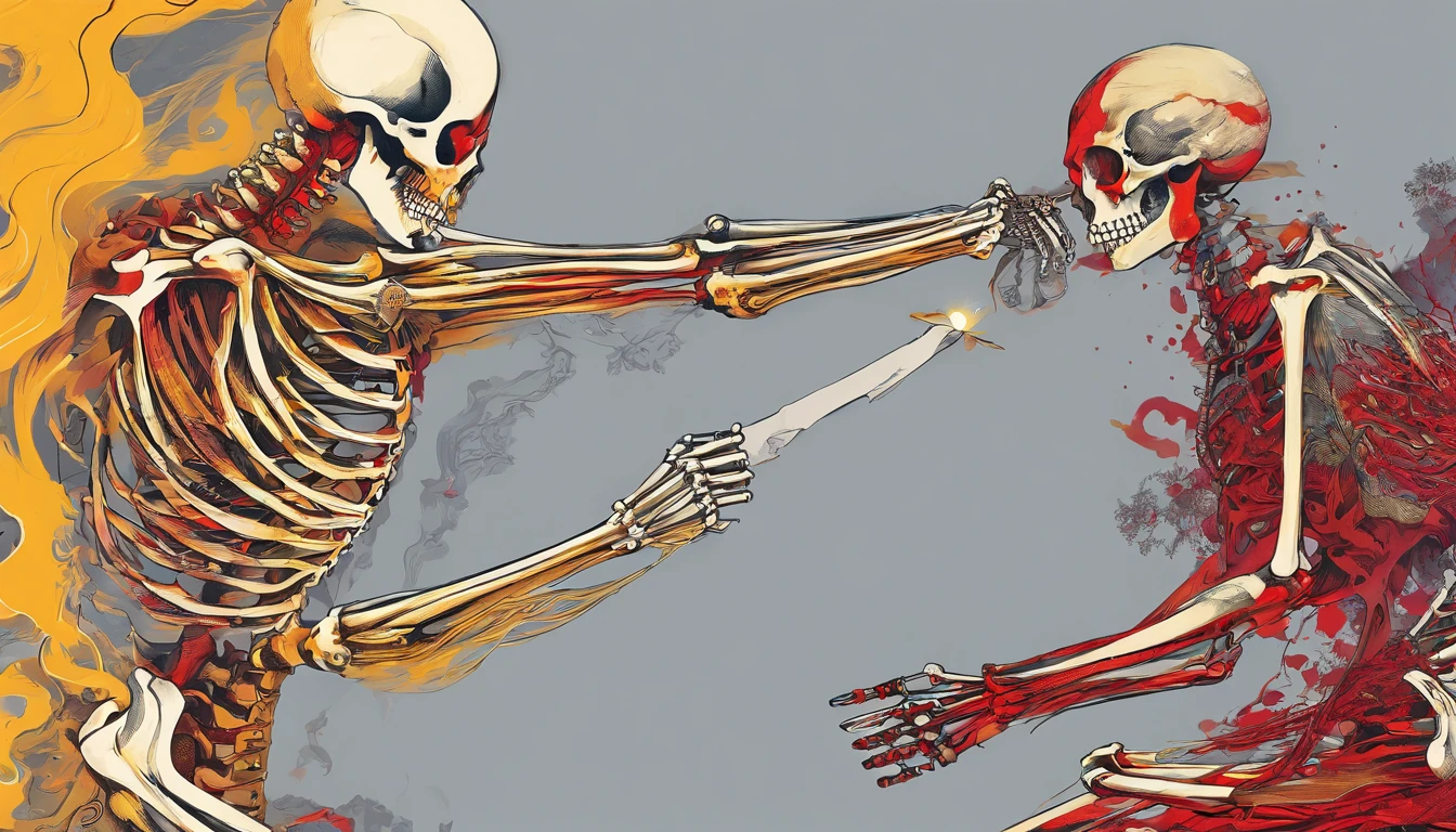 Skeleton Man fights a ager armed with a golden pistol，two guys，Red light，ablaze with intensity，Scattered bones，Fog，火焰，combats，Blood