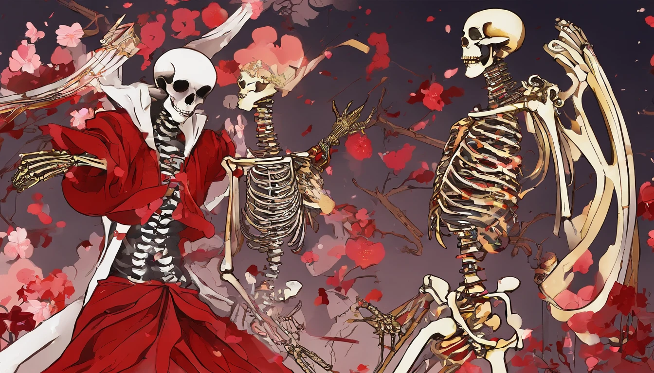 Skeleton Man fights a teenager armed with a golden pistol，two guys，Red light，ablaze with intensity，Scattered bones，Fog，火焰，combats，Blood
