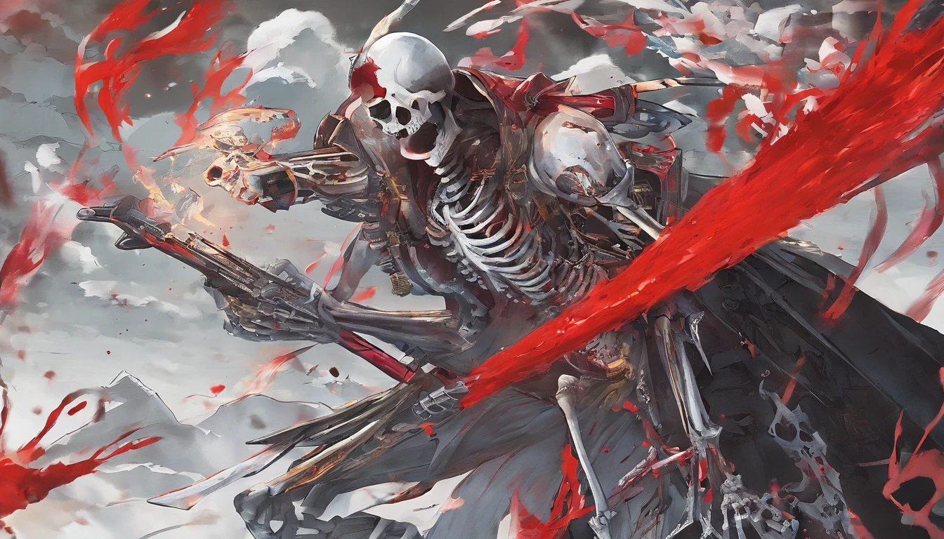 Skeleton Man fights a teenager armed with a golden pistol,two guys,Red light,ablaze with intensity,Scattered bones,Fog,火焰,combats,Blood