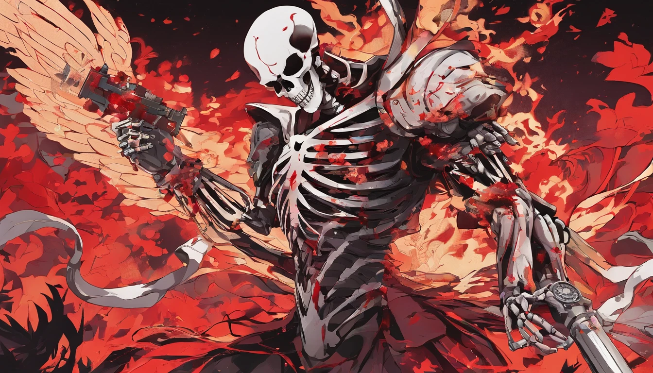 Skeleton Man fights a ager armed with a golden pistol,two guys,Red light,ablaze with intensity,Scattered bones,Fog,火焰,combats,Blood