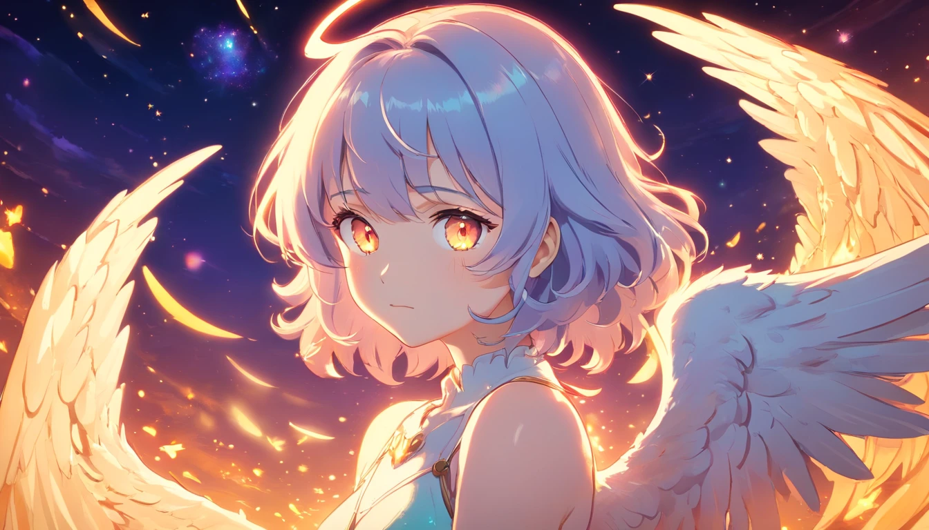 Cosmic Fallen Angel, glowing light eyes, Delicate and beautiful face,Bigchest,Biomechanical, eerie, Dream-like, Very bright colors, Light particles, with light glowing, Mshiv, wallpaper art, UHD wallpaper