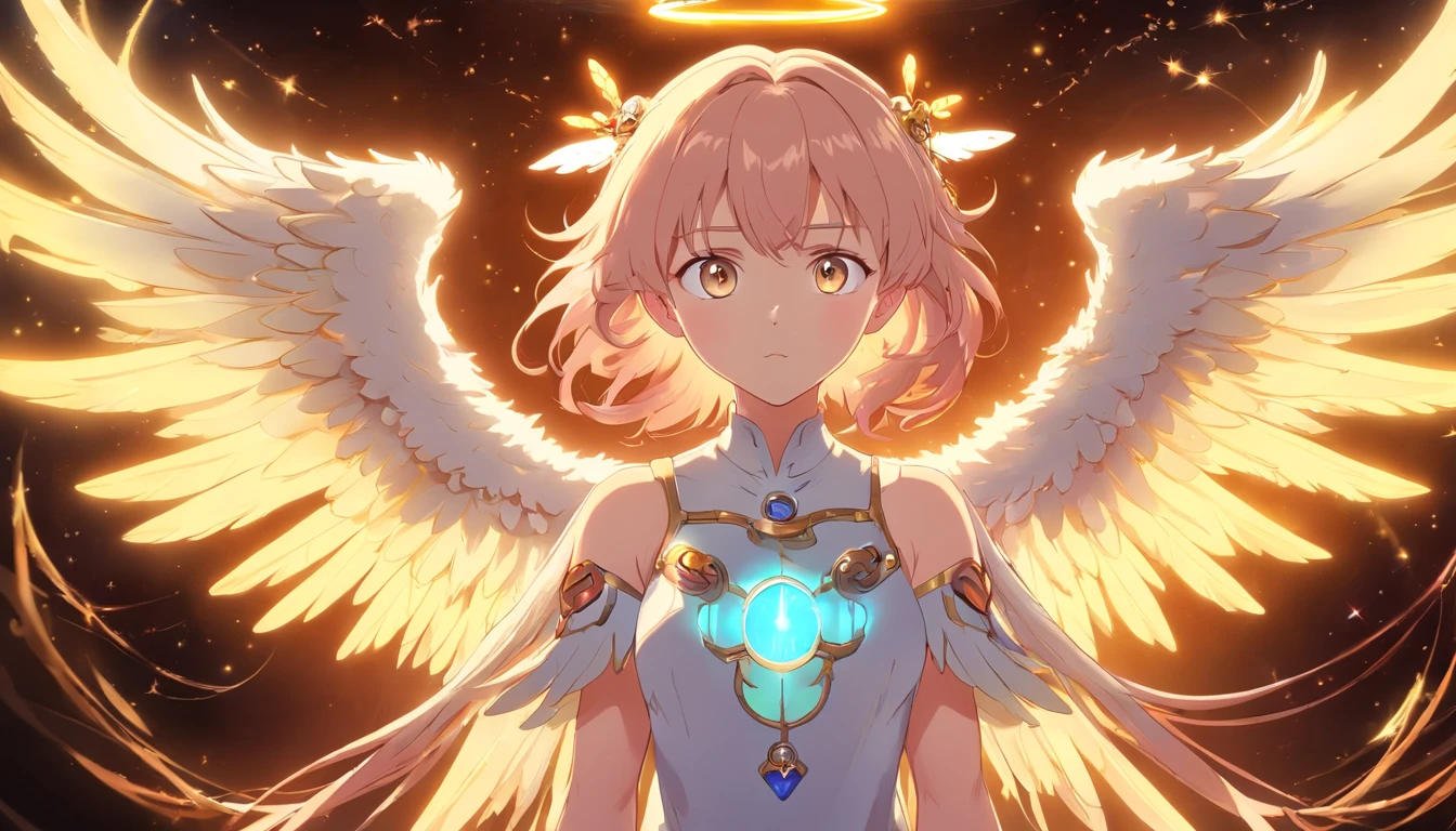 Cosmic Fallen Angel, glowing light eyes, Delicate and beautiful face,Bigchest,Biomechanical, eerie, Dream-like, Very bright colors, Light particles, with light glowing, Mshiv, wallpaper art, UHD wallpaper