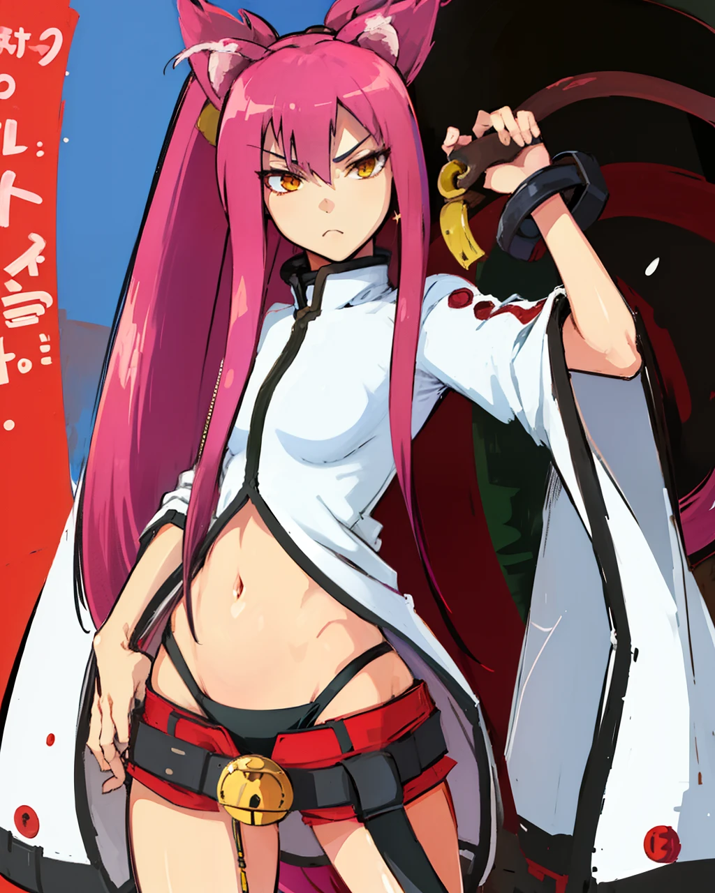(masterpiece, best quality, high resolution),cowboy shot, 1girl, kokonoems, animal ears, cat ears, pince-nez, tail , cat tail, multiple tails, solo, pants, navel, belt, capri pants,
