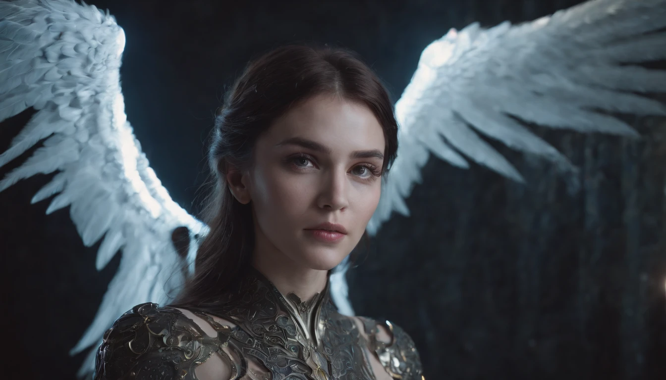 Cosmic Fallen Angel, glowing light eyes, Delicate and beautiful face,Bigchest,Biomechanical, eerie, Dream-like, Very bright colors, Light particles, with light glowing, Mshiv, wallpaper art, UHD wallpaper