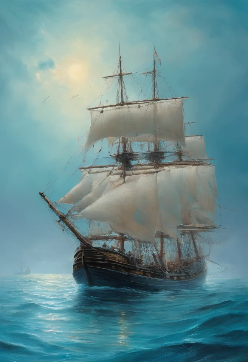 Meticulous painting , Soft gradient landscape painting, Cyan blue , Fishermen cast their nets on the water ,8K
