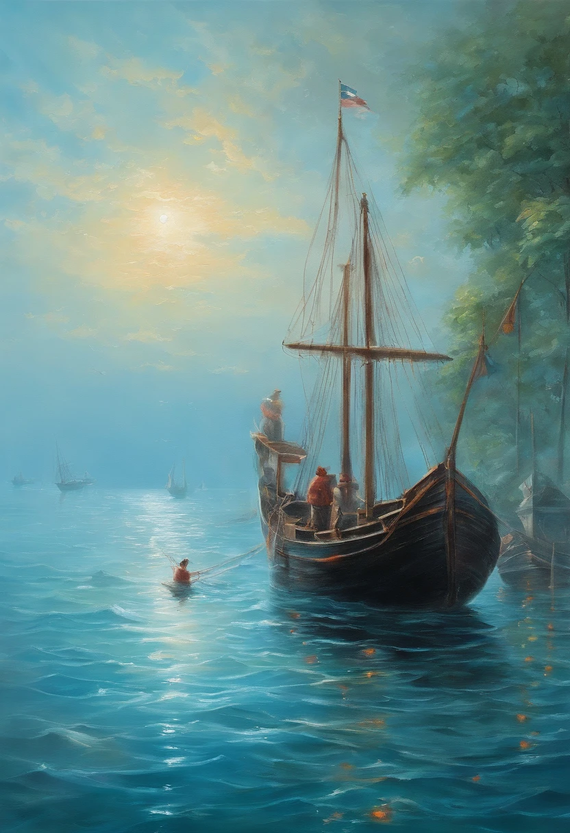 Meticulous painting , Soft gradient landscape painting, Cyan blue , Fishermen cast their nets on the water ，8K