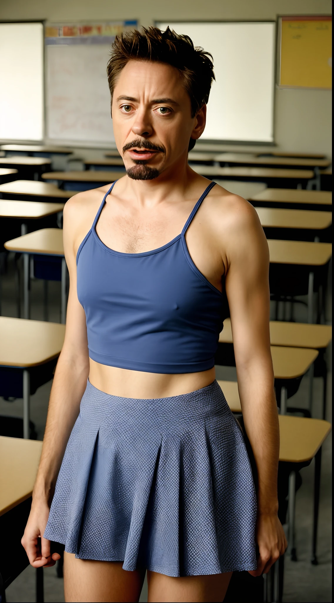 Robert Downey as a girl, spaghetti strap tank top, tiny skirt, very fair skin, Robert Downey haircut, mustache and goatee, school, classroom, indirect lighting, volumetric light, hyper-detailed, captured by Panavision Panaflex Platinum