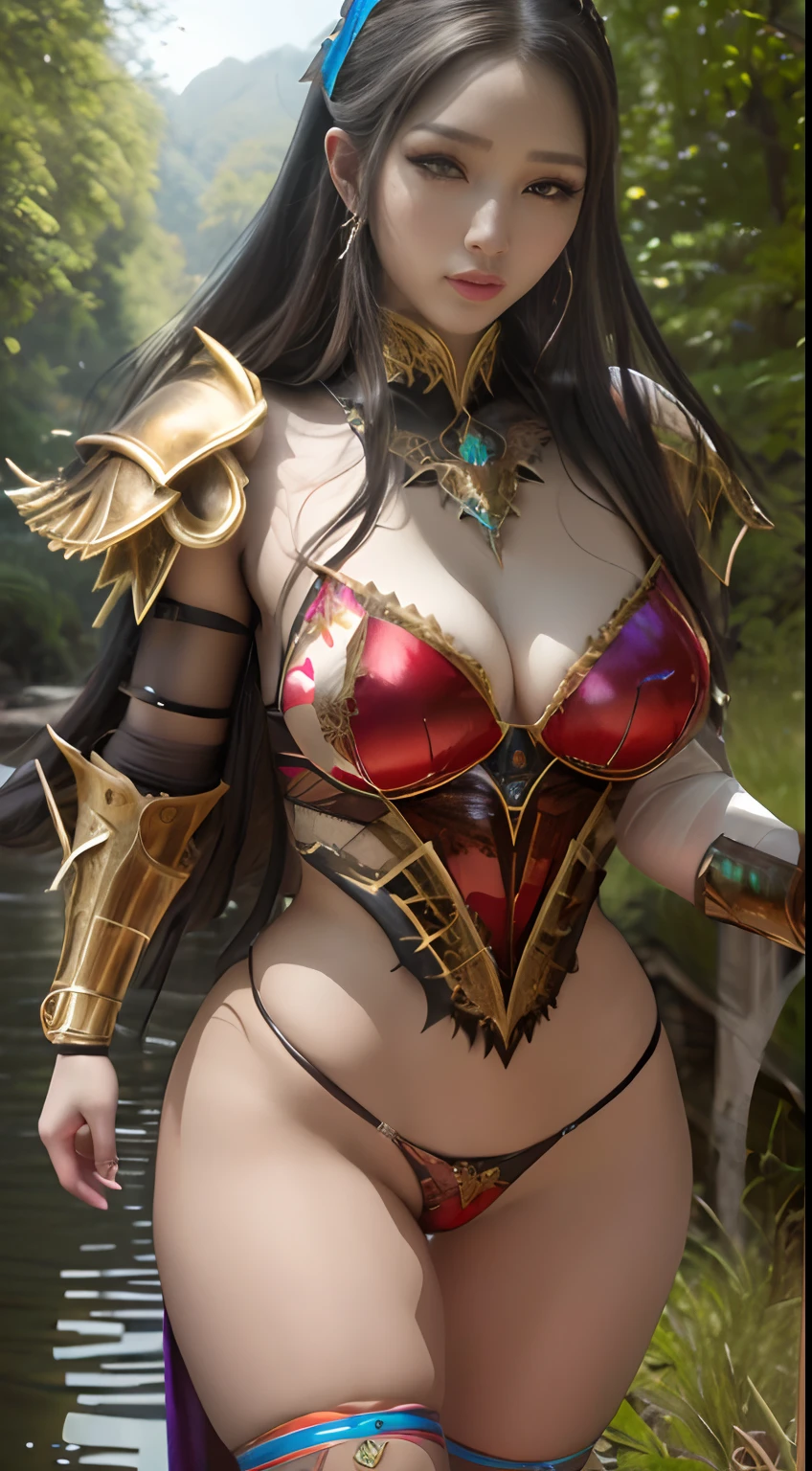 masterpiece, best quality, {best quality}, {{masterpiece}}, {highres}, {{{field field}}, beautiful woman in ornamental armor, no cloth, super plump breasts, firm breasts, jeweled ornamental bikini armor , mixed red and blue colored armor, yoshitakka amano karol, female warrior, stunning realistic art, detailed and very stylish fantasy armor, with ornate looking armor,(((walking in the swamp))), (background deep forest),