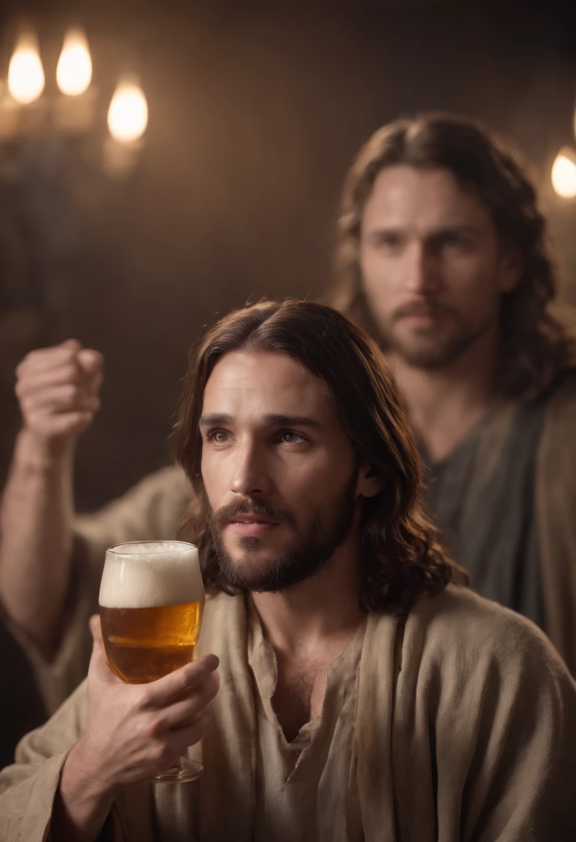 JESUS IN THE CROSS, WITH ONE BEER IN EACH HAND