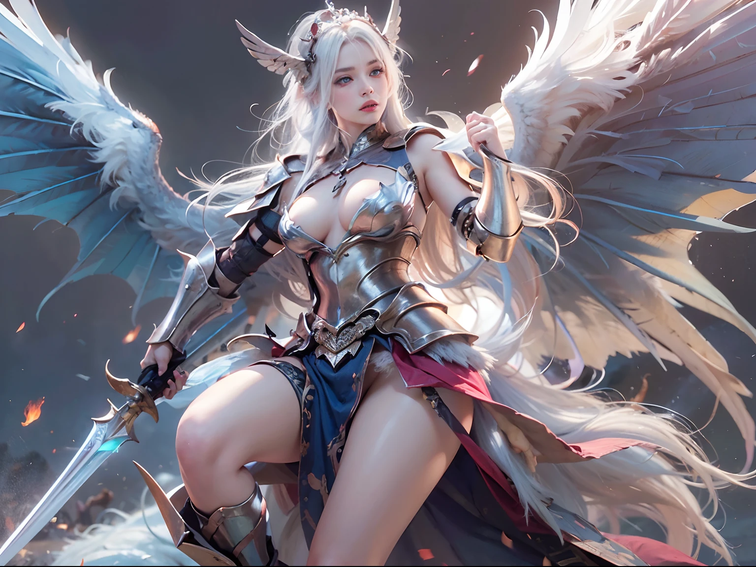 nsfw, 1girl, nude, (masterpiece: 1.4), (8K, realistic, raw photo, best quality: 1.4), skirtlift, strip naked, dragon knight, Valkyrie, knight armor, nipple areola shape clear, beautiful breasts, Scandinavian girl, beautiful cute face, (real face: 1.4), perfect pussy, beautiful hairstyle, realistic blue eyes, beautiful detail eyes, (real skin: 1.3), angry face, beautiful skin, attractive, ultra high resolution, ultra realistic, cinematic lighting, white colored hair, long hair with tiara, flying in the sky, battle pose