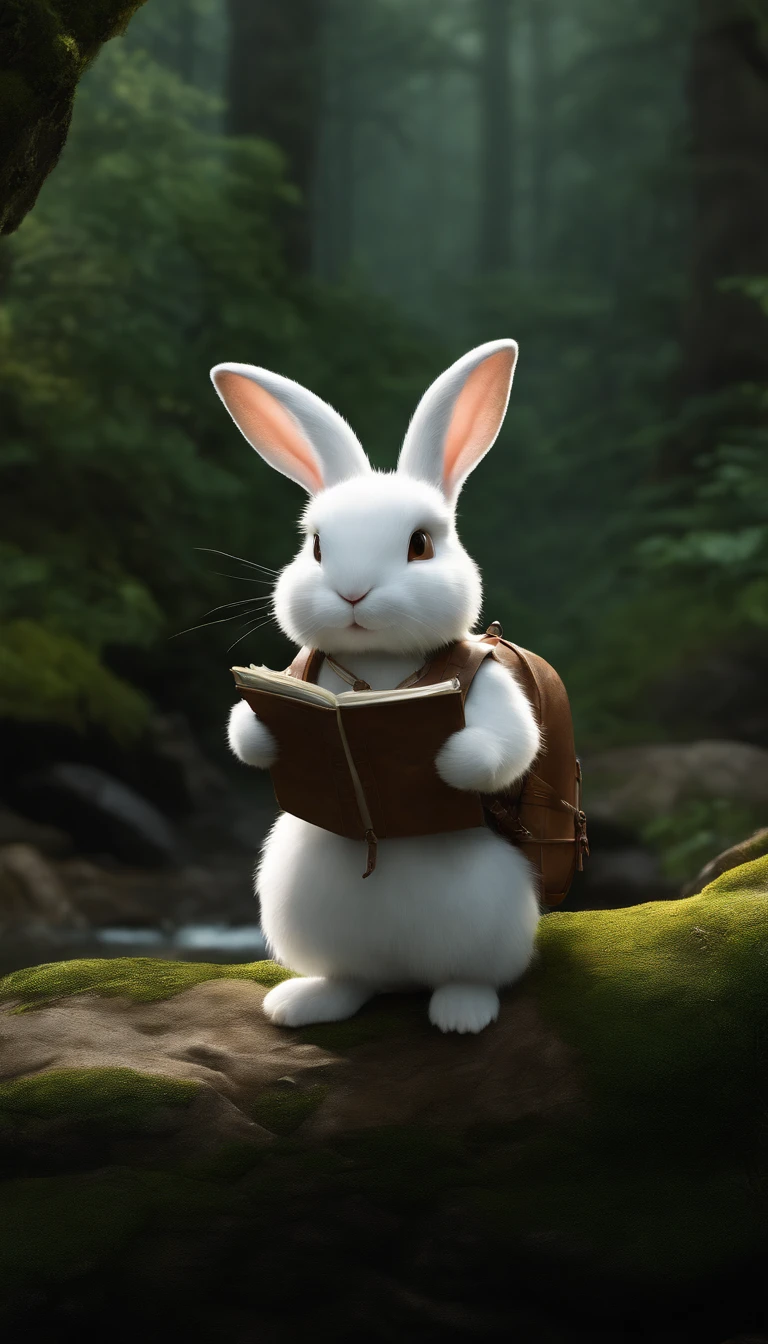 Classic negative portrait photo, fantasy video game character concept art, a cute white fluffy rabbit with a small brown leather backpack looking at a map hiking through the forest, dungeons and dragons, fantasy, river, haze, halo, Bloom, dramatic atmosphere, dark fantasy film of the 1970s, centered, rule of thirds