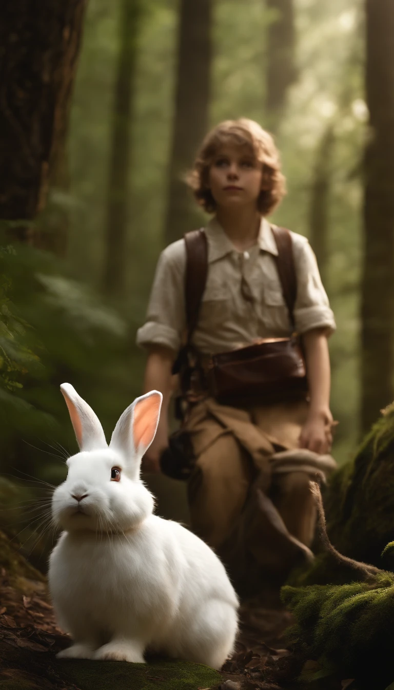Classic negative portrait photo, fantasy video game character concept art, a cute white fluffy rabbit with a small brown leather backpack looking at a map hiking through the forest, dungeons and dragons, fantasy, river, haze, halo, Bloom, dramatic atmosphere, dark fantasy film of the 1970s, centered, rule of thirds