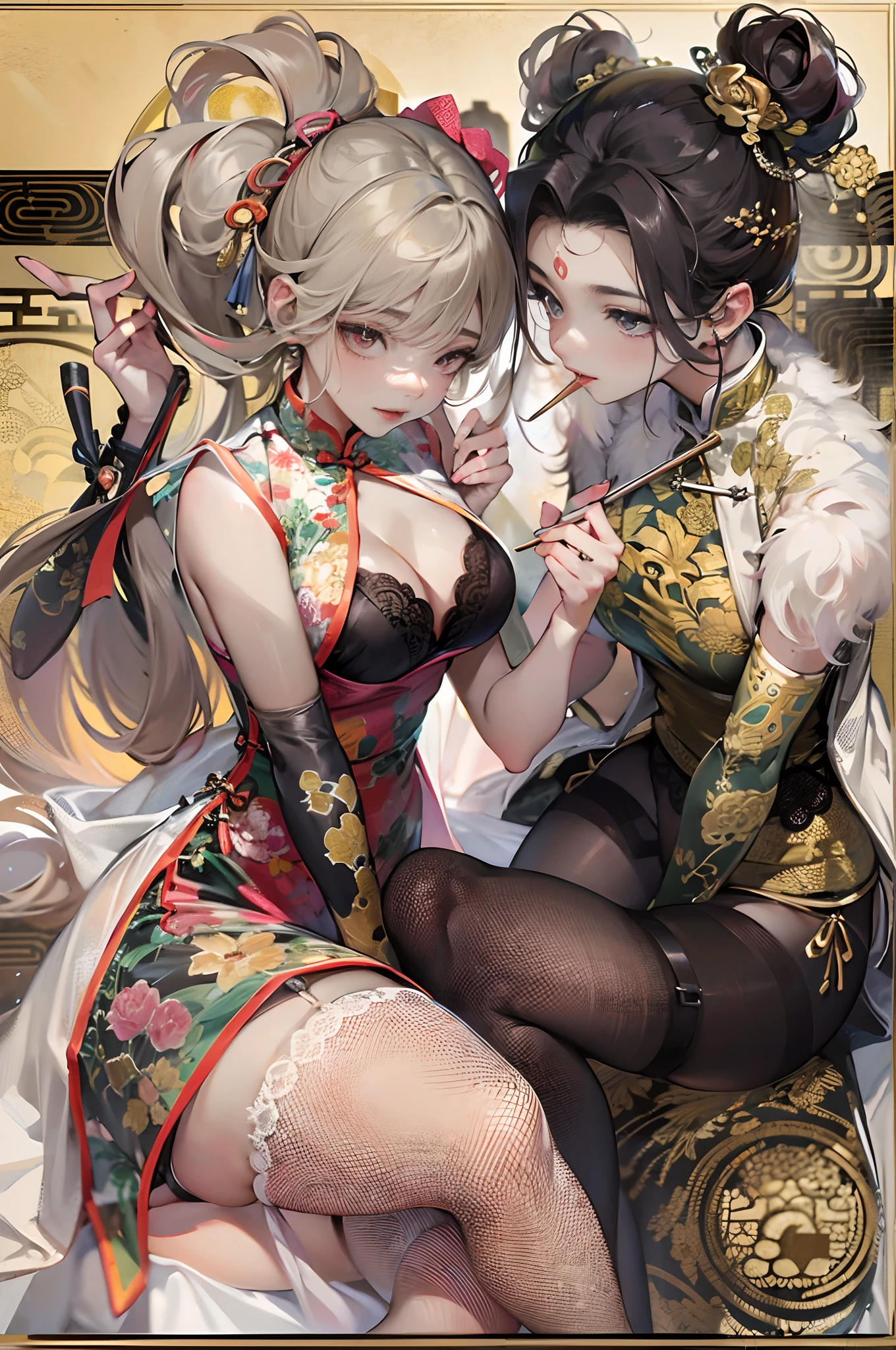 two guys,twogirls,kisses,Cuddle together,a beauty girl,Black and gold cheongsam,black lence stockings,Ancient wind,China-style,Chinese tradition,cleavage,cabelos preto e longos,(Delicate face),folding fan,hair-bun,耳Nipple Ring,(did not wear panties),(Erotic lingerie),((比基尼))