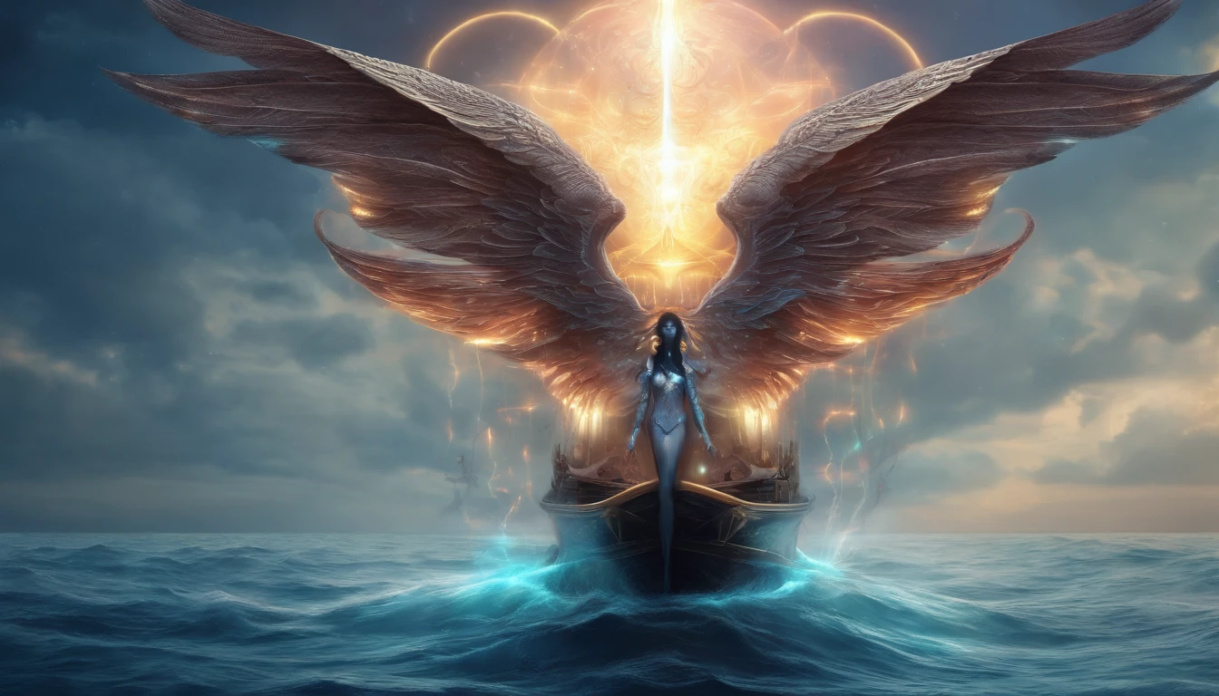 Cosmic Fallen Angel, glowing light eyes, Delicate and beautiful face,Bigchest,Biomechanical, eerie, Dream-like, Very bright colors, Light particles, with light glowing, Mshiv, wallpaper art, UHD wallpaper