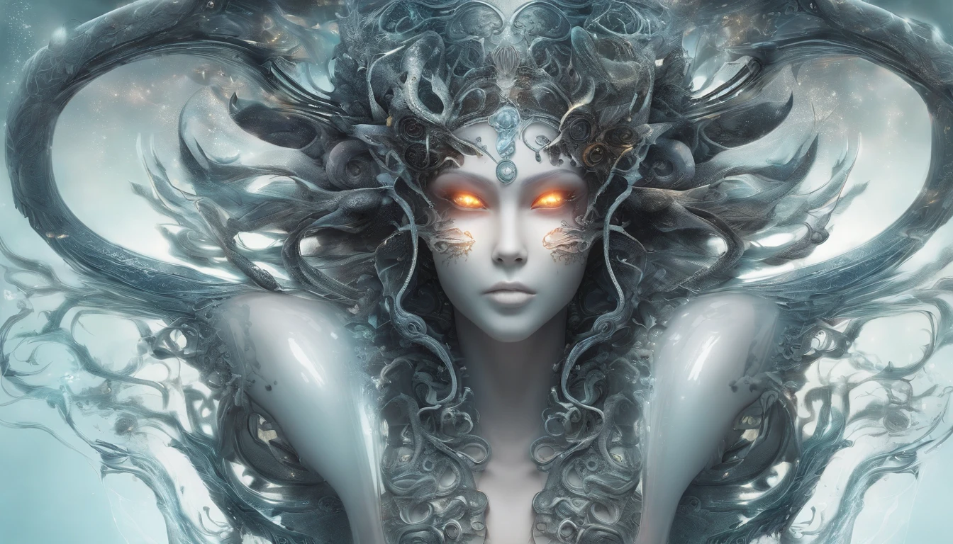 Cosmic Fallen Angel, glowing light eyes, Delicate and beautiful face,Bigchest,Biomechanical, eerie, Dream-like, Very bright colors, Light particles, with light glowing, Mshiv, wallpaper art, UHD wallpaper