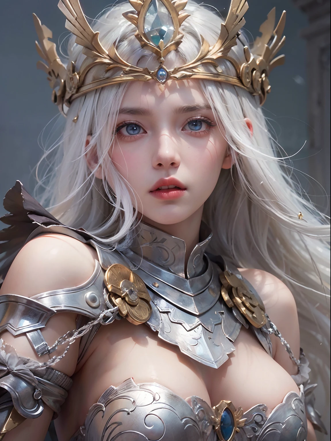 nsfw, 1girl, nude, (masterpiece: 1.4), (8K, realistic, raw photo, best quality: 1.4), skirtlift, strip naked, female knight, Valkyrie, knight armor, nipple areola shape clear, beautiful breasts, Scandinavian girl, beautiful cute face, (real face: 1.4), perfect pussy, beautiful hairstyle, realistic blue eyes, beautiful detail eyes, (real skin: 1.3), angry face, beautiful skin, attractive, ultra high resolution, ultra realistic, cinematic lighting, white colored hair, long hair with tiara, king's palace, battle pose